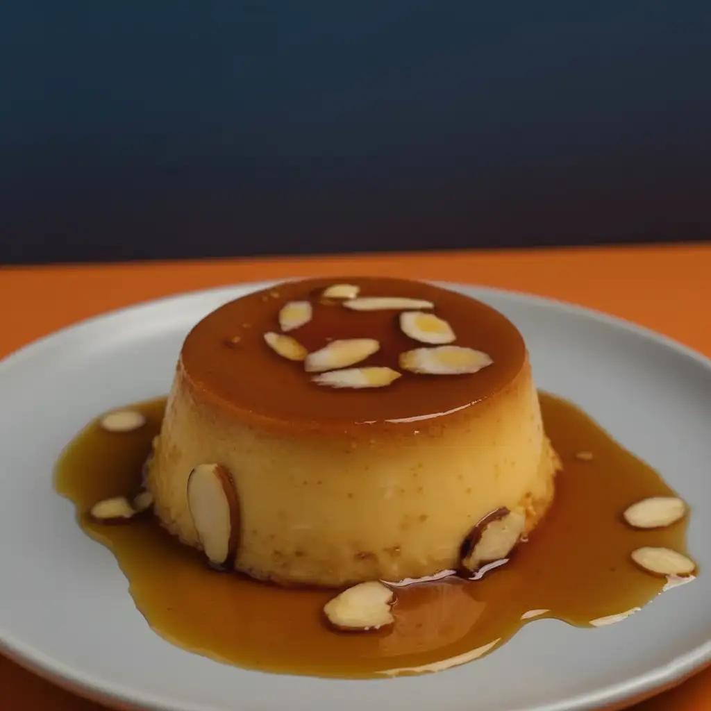 Flan de almendra artesanal con caramelo y láminas de almendra sobre plato blanco.